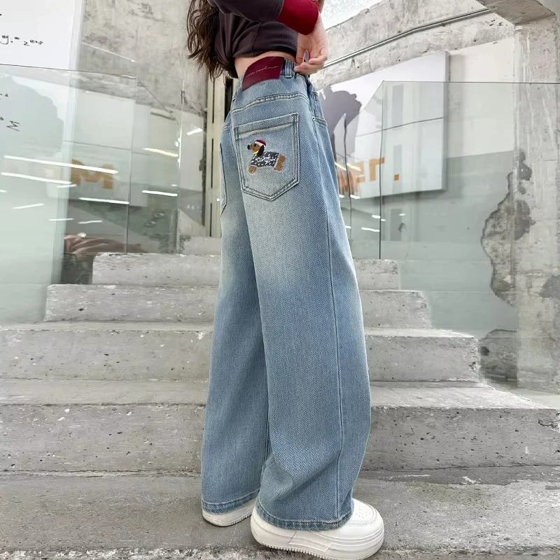 Teenager Girl New Spring Fashion Denim Pants Korean Children Loose Fit Jeans For Kids Casual Straight Cut Jeans Trousers 4-14Y