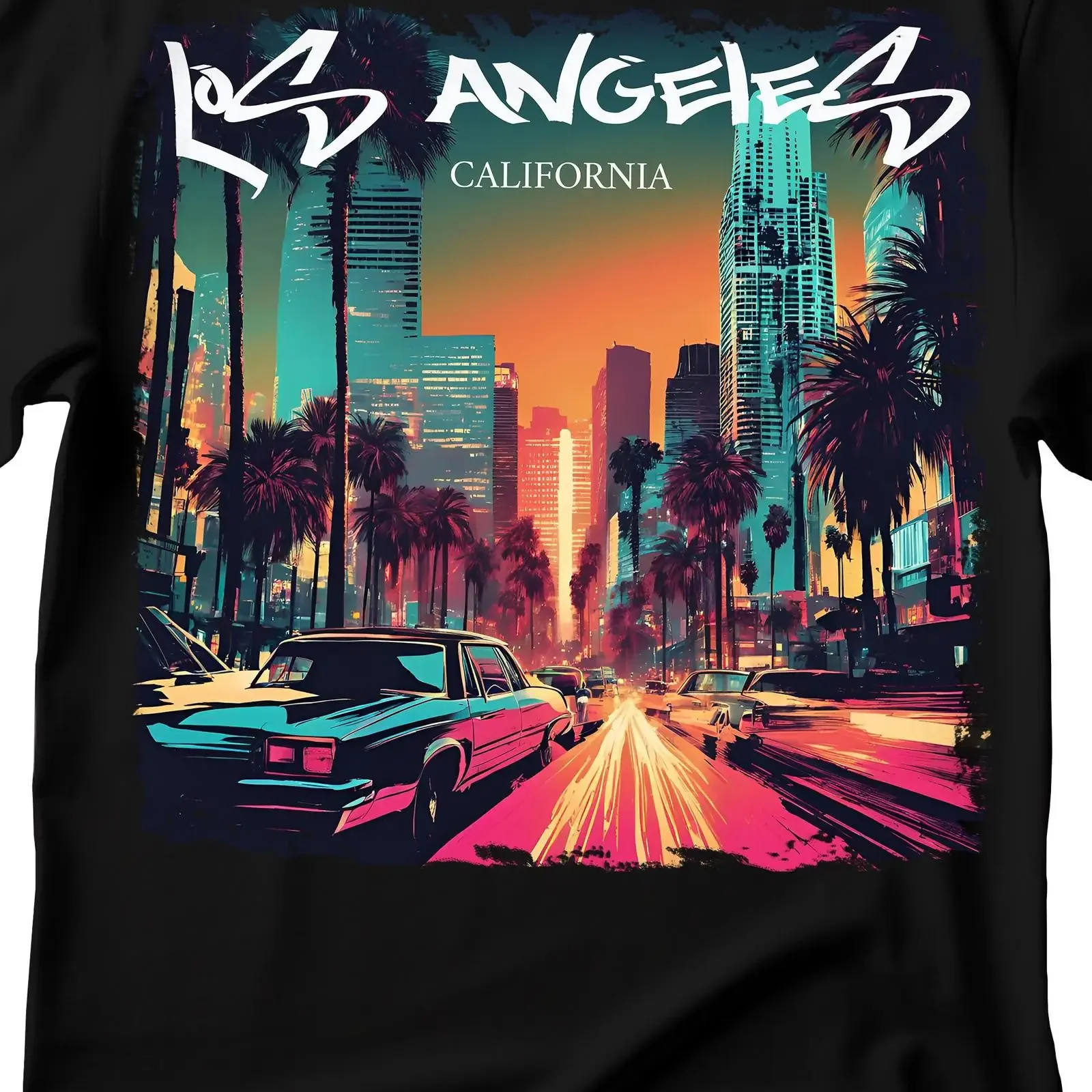 Los Angeles Kalifornien T-Shirt Neon City Vintage Washed Casual Top für den Alltag Vielseitige Designerkleidung Mode Weich