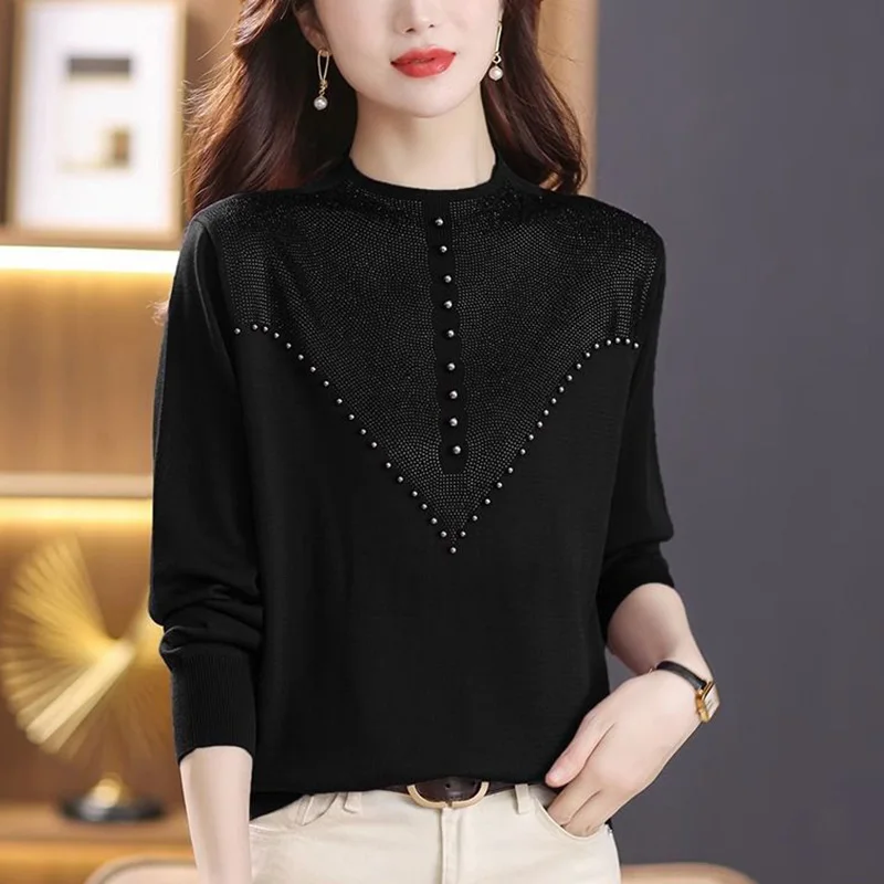 Elegant Solid Color Spliced Diamonds Beading Blouse Women's Clothing 2023 Autumn New Casual Pullovers Loose Office Lady Shirt