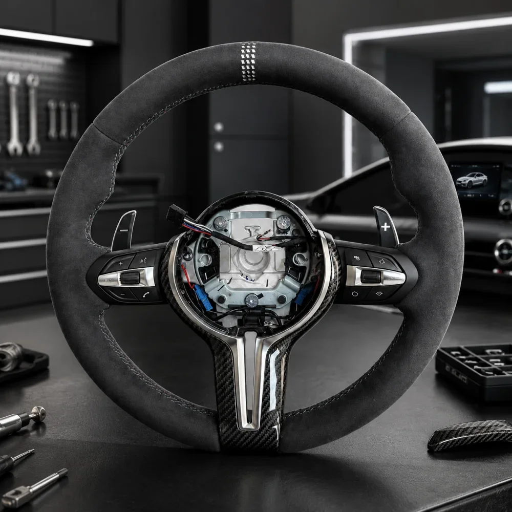 Suede Steering Wheel With Paddles White Center Mark For BMW M Series M3 M5 F20 F22 F23 F30 F33 F34 F80 X1 F48 X3 F25 X5 F15 E90