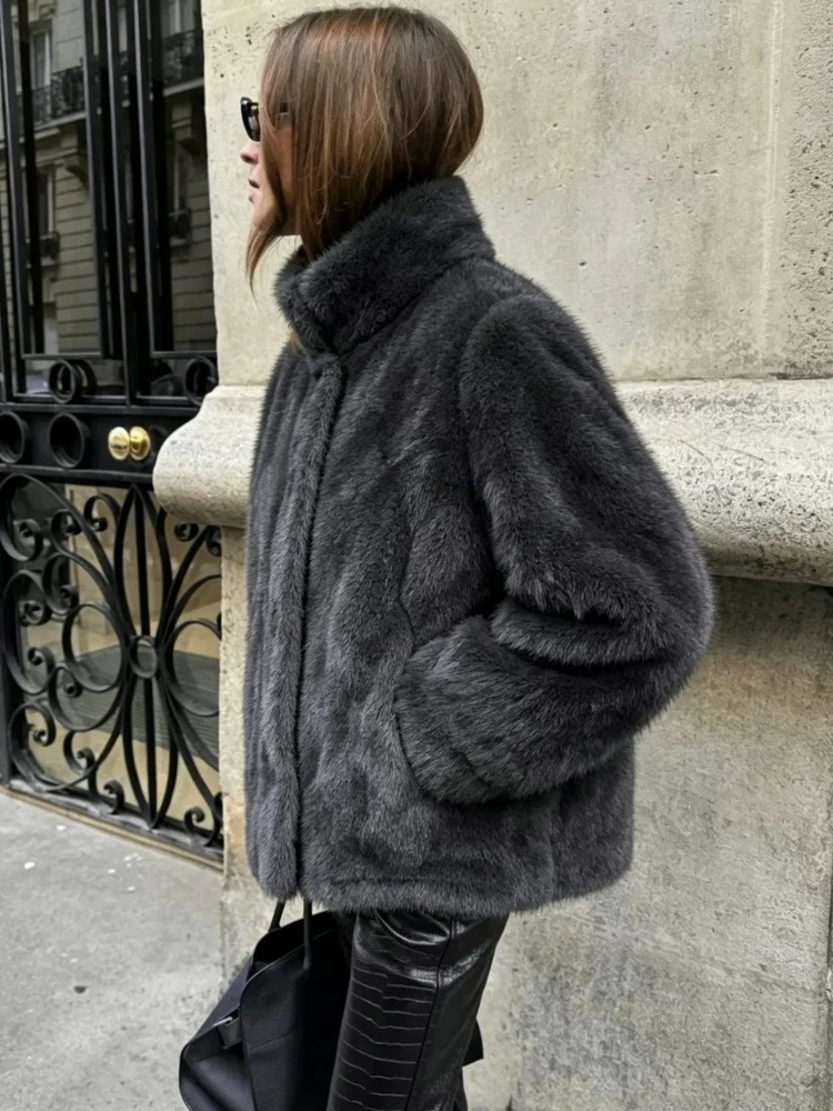AACHOAE Women Faux Fur Jacket Winter Coat Stand Collar Long Sleeve Snap Button Warm Loose Casual Elegant Outerwear