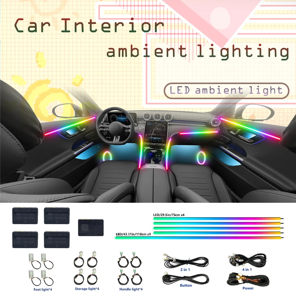 

64-цветный RGB автомобильный окружающий внутренний светильник с акриловой направляющей полосой света, управление через приложение, музыкальный режим, атмосферная лампа, салон автомобиля