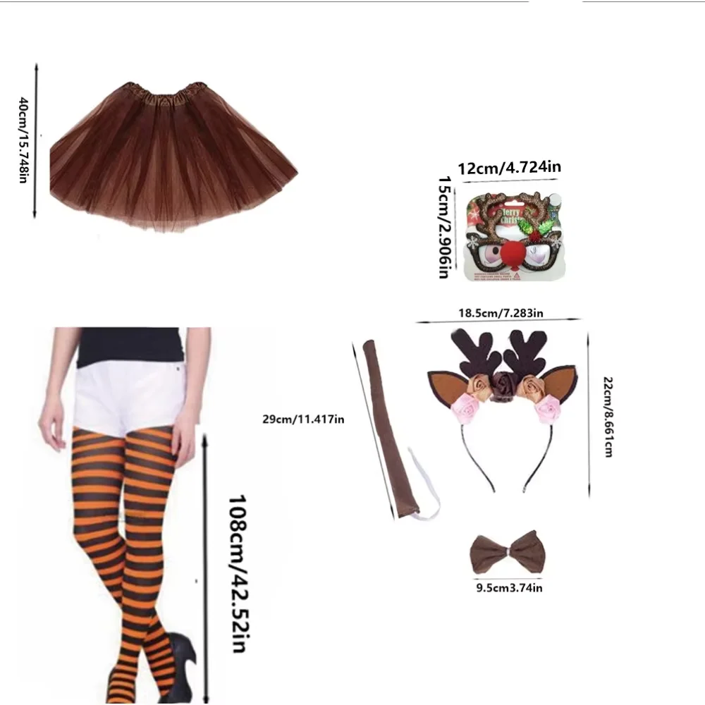 PESENAR Reindeer Costume for Women - Adult Deer Antlers Headband, Tail Tutu Skirt, Socks & Tie for Halloween, Christmas