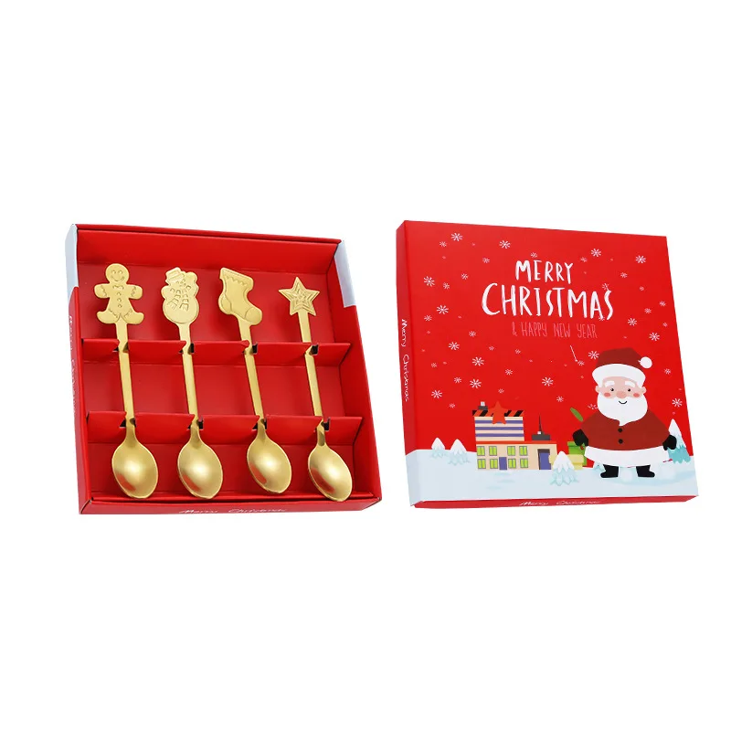 4pcs/set/1pc Home Stainless Xmas Coffee Spoons Dessert Spoon Tableware Kitchen Accessories New Year Gifts Christmas Decorations