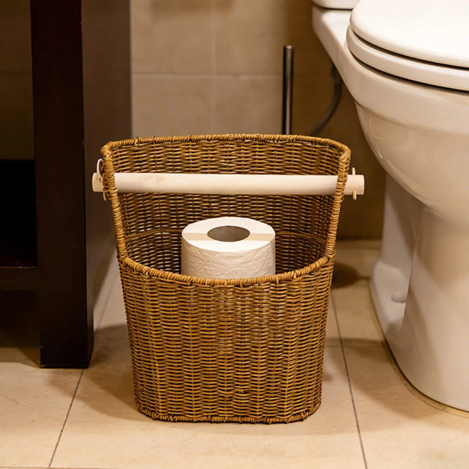 Toilet Paper Organizer PP Material Imitation Rattan Bin with Roll Holder Vertical Toilet Roll Storage for Home and Office