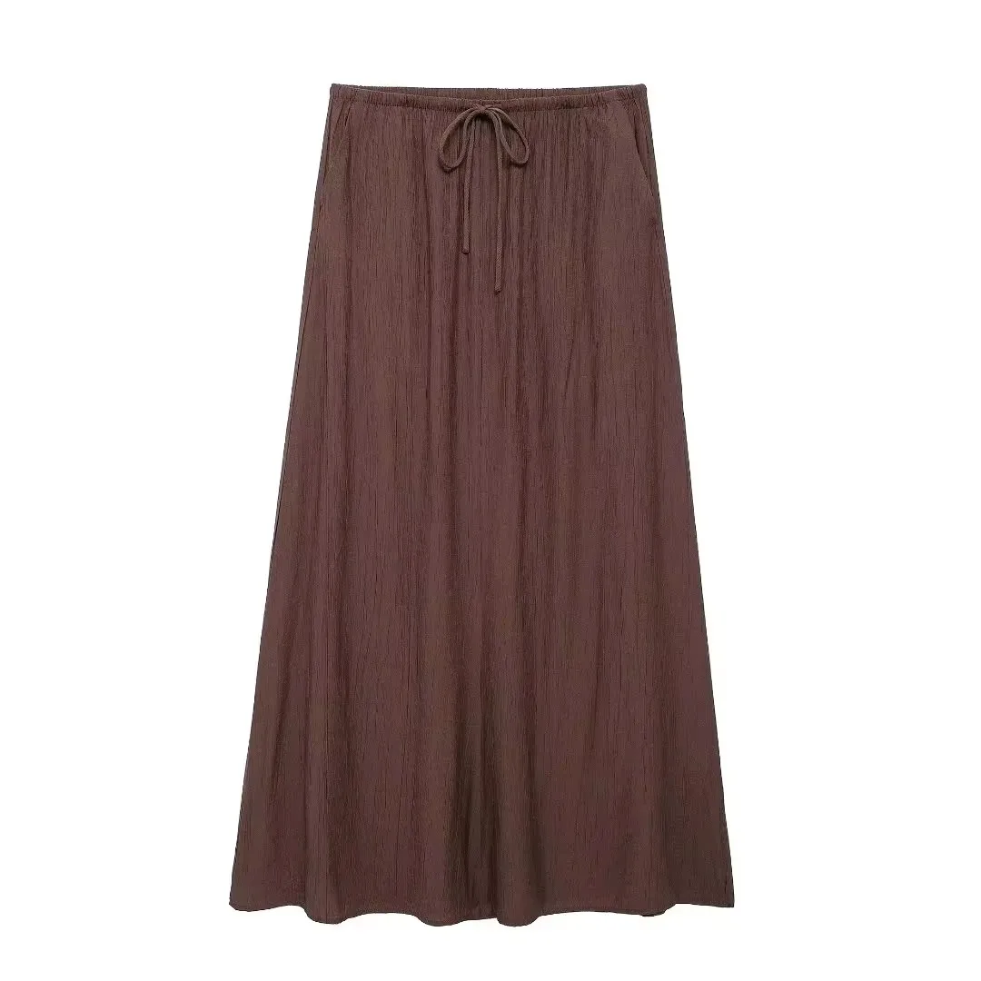 HH Women\'s Summer Elegant A-line Pleated Midi Skirt Fashion Solid Drawstring High Waist Skirts Female Casual Long Dress