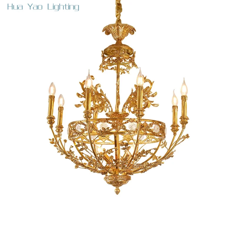 

European All Copper Chandeliers French Luxury Crystal Villa Living Room Restaurant Bedroom Study Retro Lamps