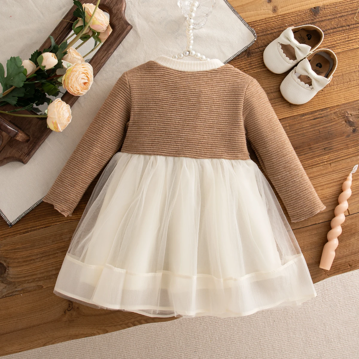 Autumn Toddler Baby Girl Pink Dress Bow Gentle Long Sleeved Yarn Dresses for Girl Party Dress