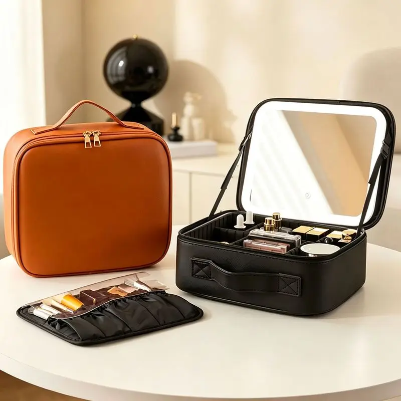 mirror makeup bagLEDLarge-capacity portable makeup bag with mirror and light strip, perfect for makeup artists