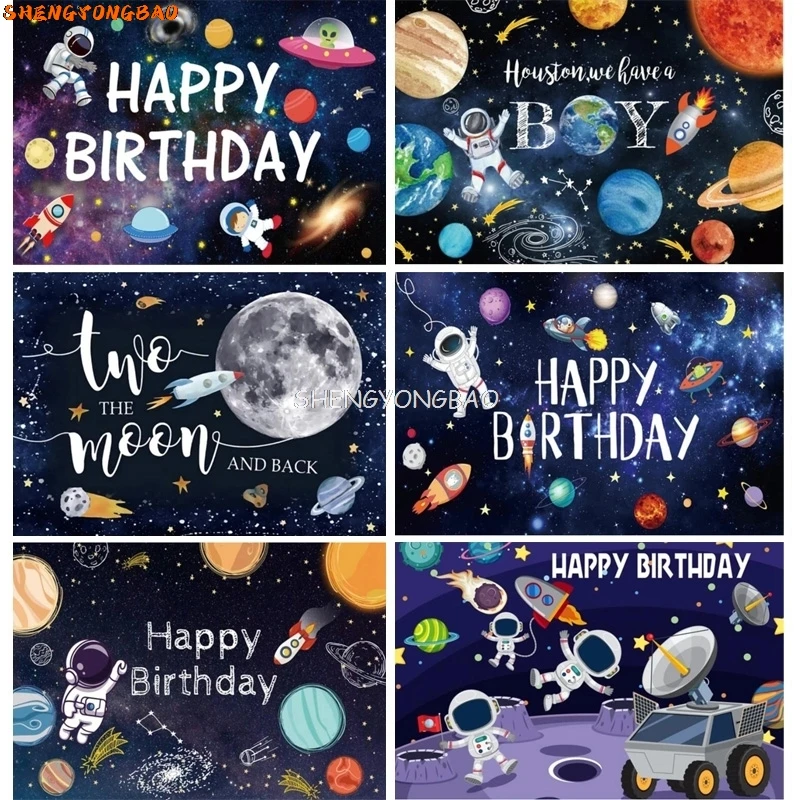 

Outer Space Happy Birthday Backdrop Galaxy Planet Astronaut Rocket Photography Background Party Cake Table Banner Decor Props