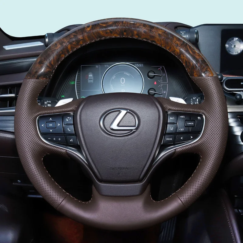 

For Lexus 18-23 ES 17-22 LS UX Hand Sewn Needle Thread Car Steering Wheel Cover Car Accessories Peach Wood Pattern and Leather