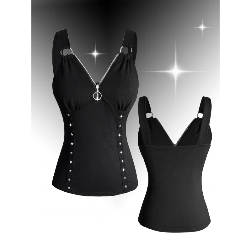 Gothic-style Women's Zip-up Slim-fit Vest Top with Metal Stud Decoration, Rock Fashion
