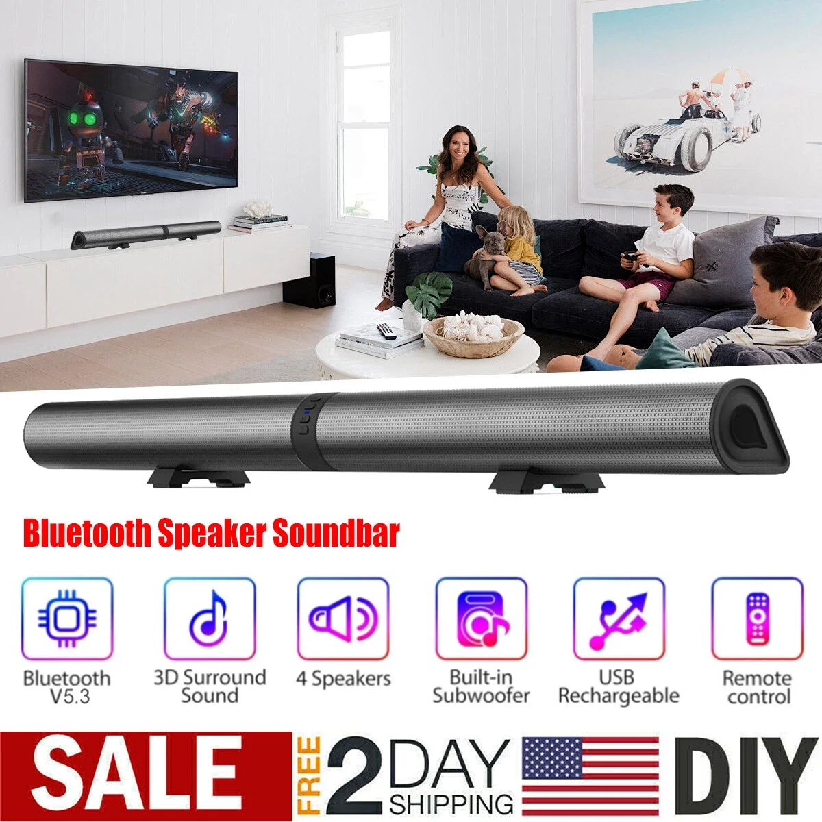 

Bluetooth Soundbar Wireless 3D Surround 4 Speaker System TV Home Theater Remote