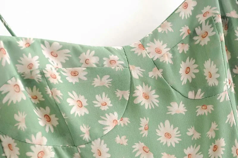 Vestido largo francés de verano con estampado de flores verdes, Vestido largo con tirantes finos y abertura, vestidos Retro sexis con cordones y tirantes para mujer