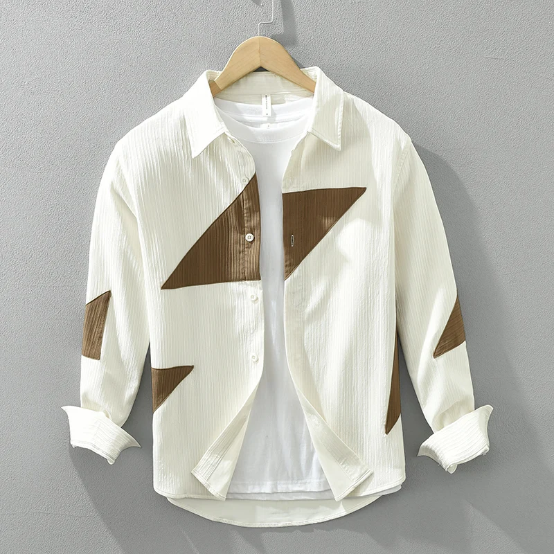 New Spring Autumn Japanese Contrasting Color Spliced Long-sleeved Shirt for Men Casual and Versatile Trendy Brand Shirt for Men