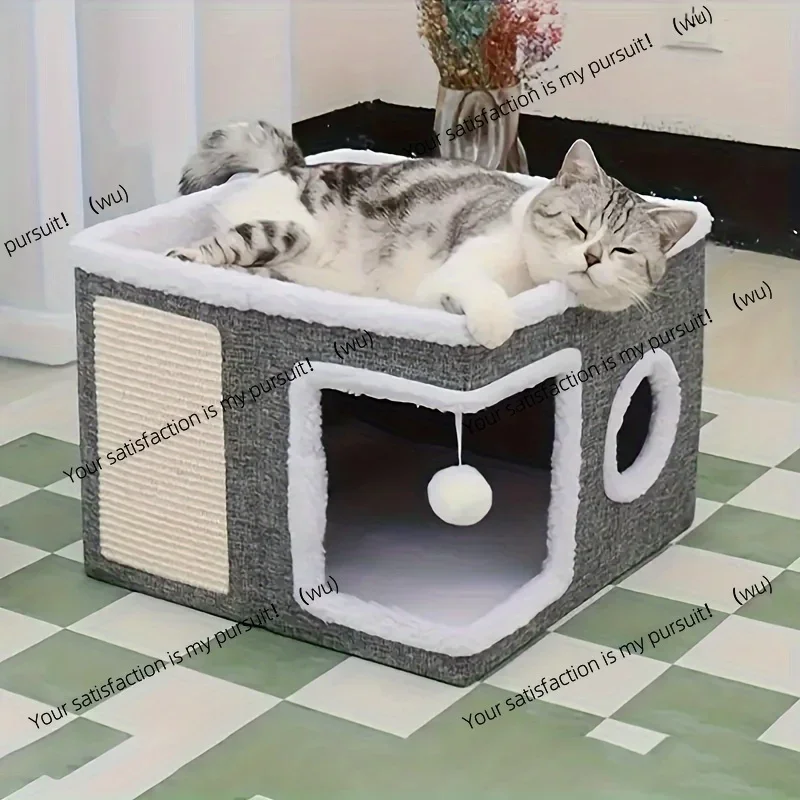 Luxurious Multi-Tier Cat House,  Indoor Cat Cube Bed with Plush Hanging Ball, 2-Tier Bed Toy Tunnel & Foldable Scratching Post
