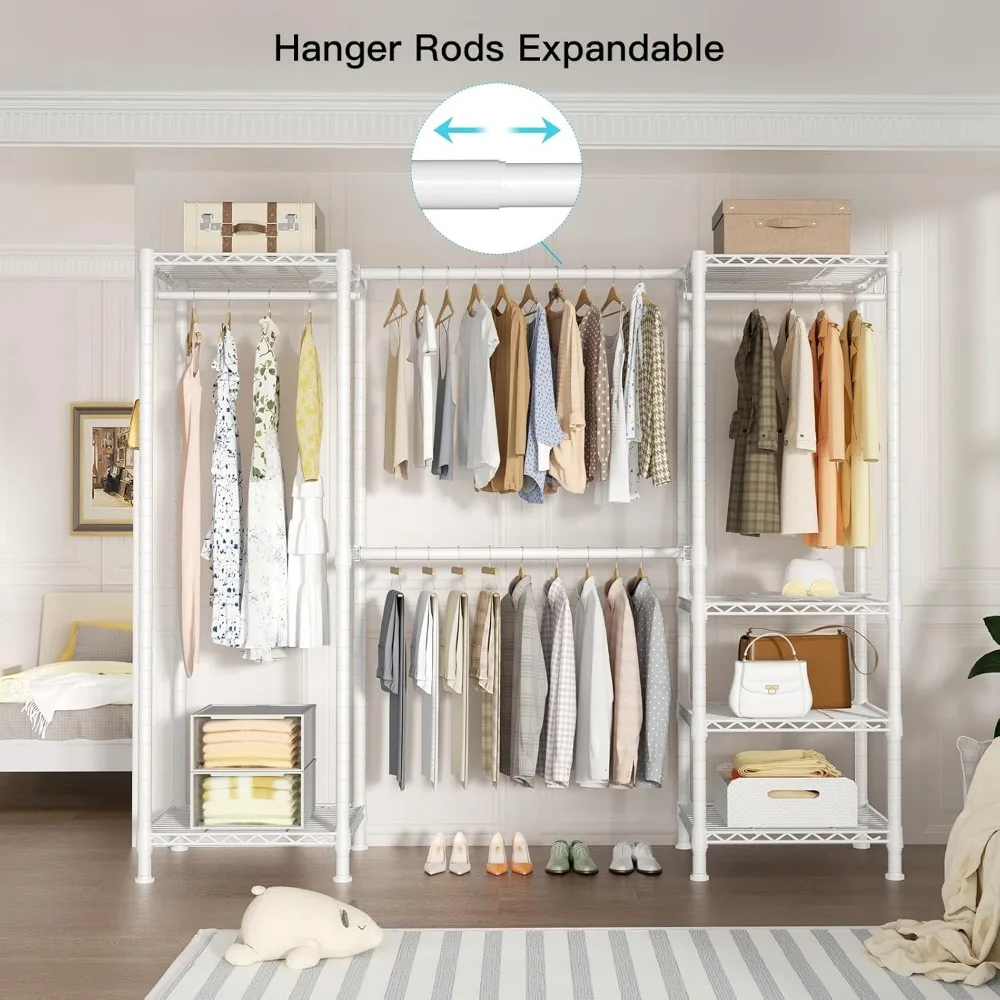 E7 Heavy Duty kledingrek, kledingorganizer en opbergrek met uitbreidbare hangers, metalen kledingrek met 6-draadplanken