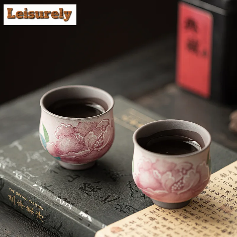 

Old Rock Clay Light Makeup Peony Teacup Antique Tea Bowl Cute Cup Tea-tasting Meditation Cup Chazhan Master Cups Tea Items Gift