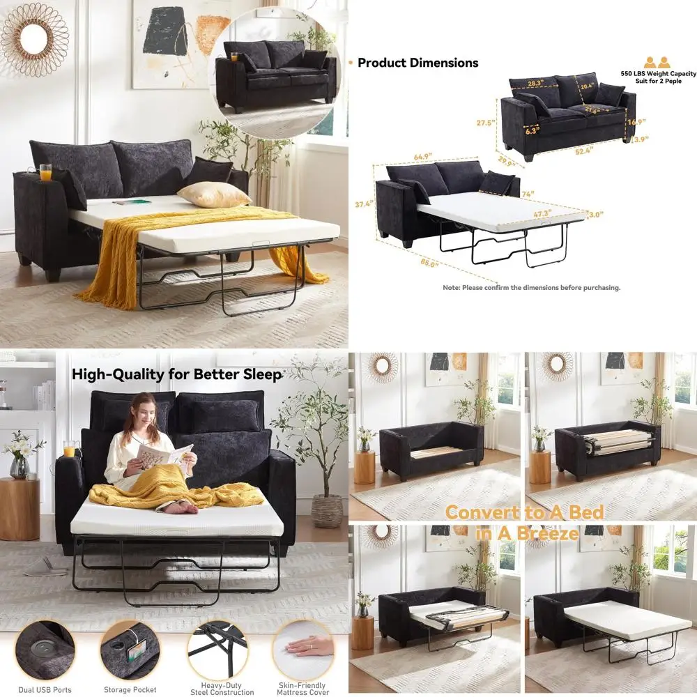 

Трансформируемый диван-кровать 2-в-1 с USB-портами для зарядки и матовой пеной с эффектом памяти, двухместная кровать из синели