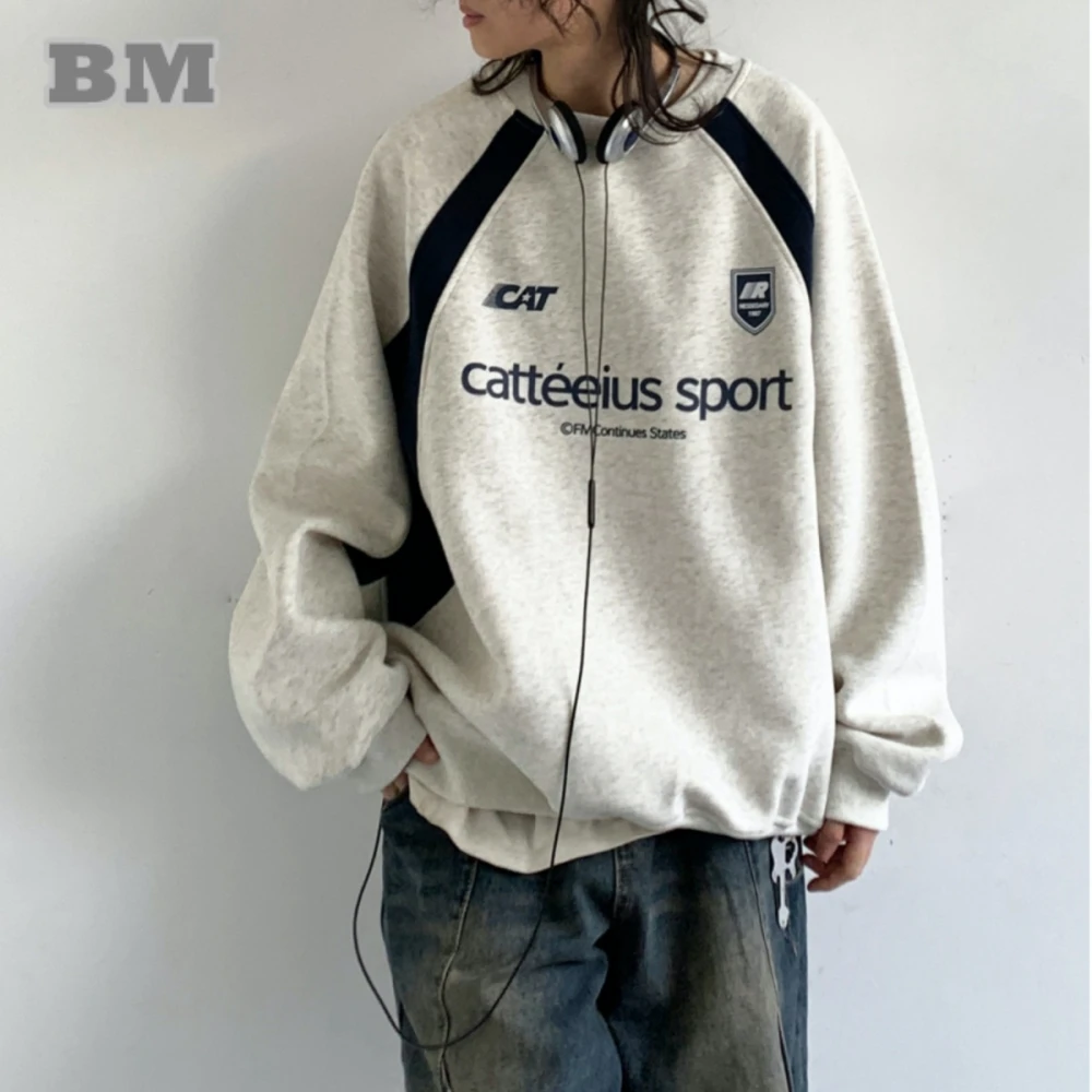 Korean Fashion Patchwork Crewneck Sweatshirt Men Women Clothing Preppy Style Streetwear Oversize Pullover Hip Hop Couple Top