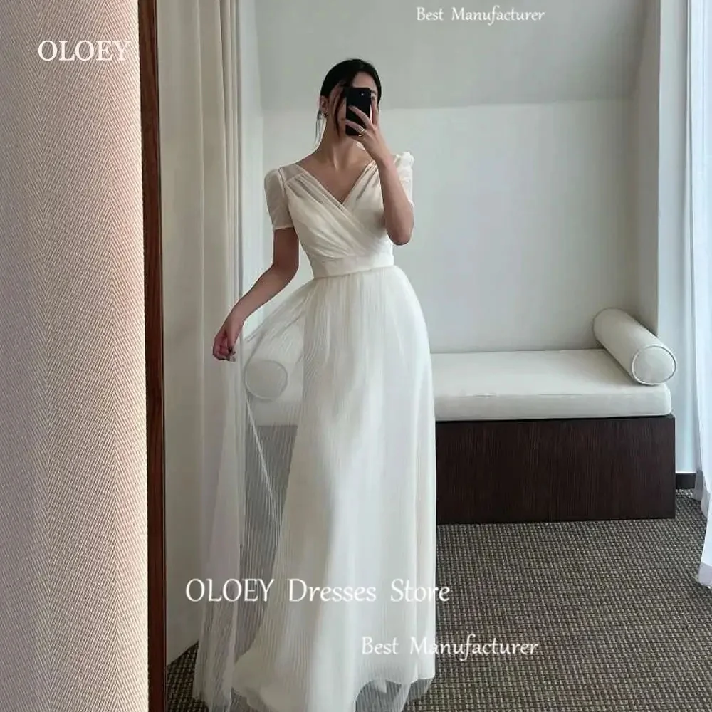 OLOEY Simple Ivory Tulle Wedding Dress Short Sleeves Ankle Length V Neck Bridal Gowns Pleats Custom Made Corset Zipper Back