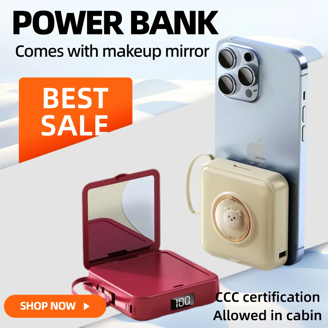 

20000mAh Power Bank with Cosmetic Mirror Charging Line Portable Mirror