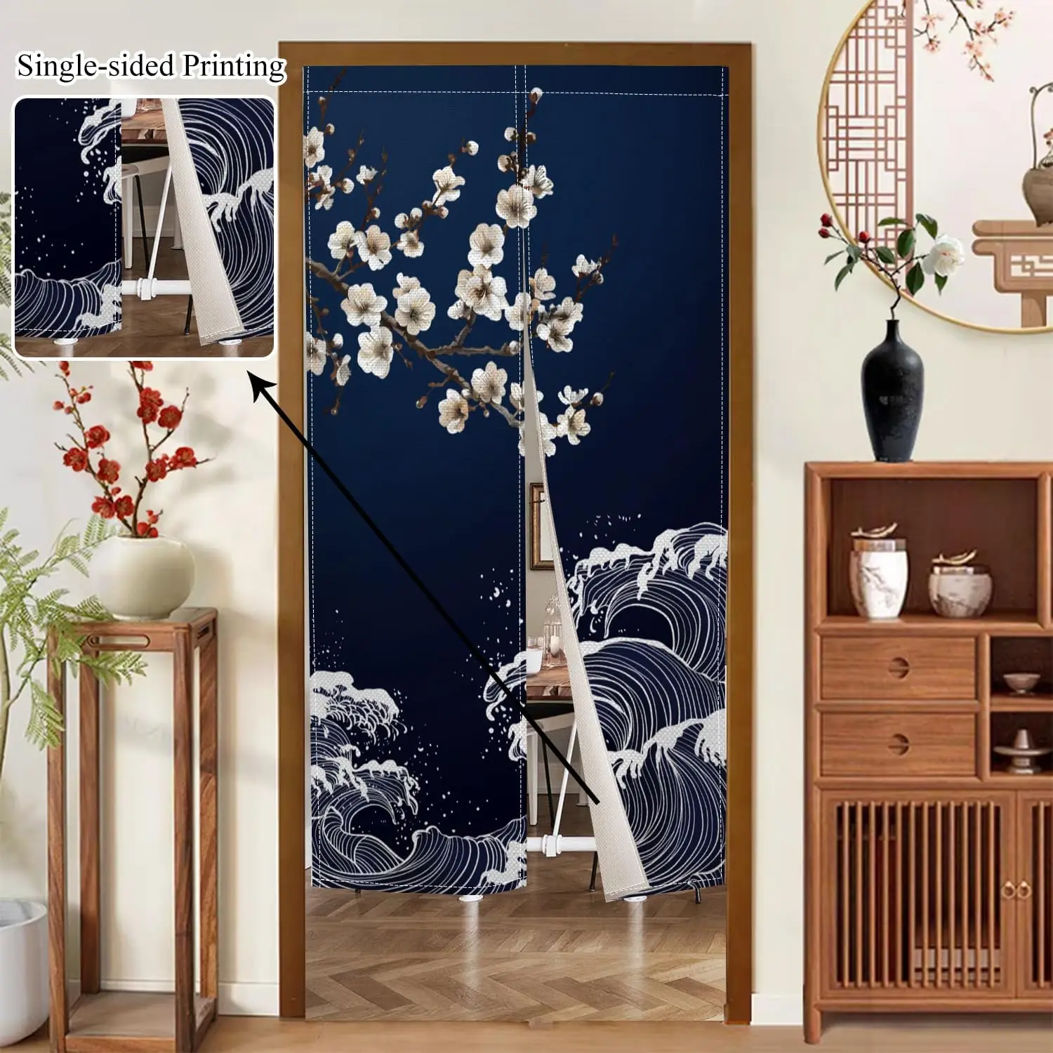 Japanese Style Plum Blossom & Wave Door Curtain, Traditional Ukiyo-e Print For Home Entrance, Classic Oriental Room Divider