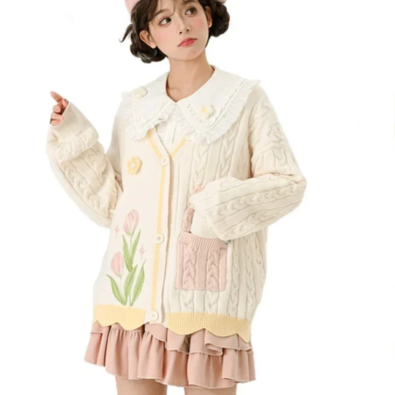 Mori Girl Style Sweet Knitted Cardigan Autumn Winter Women Kawaii Tulip Embroidery Sweater Coat Girls Cute Loose Knitwear Tops