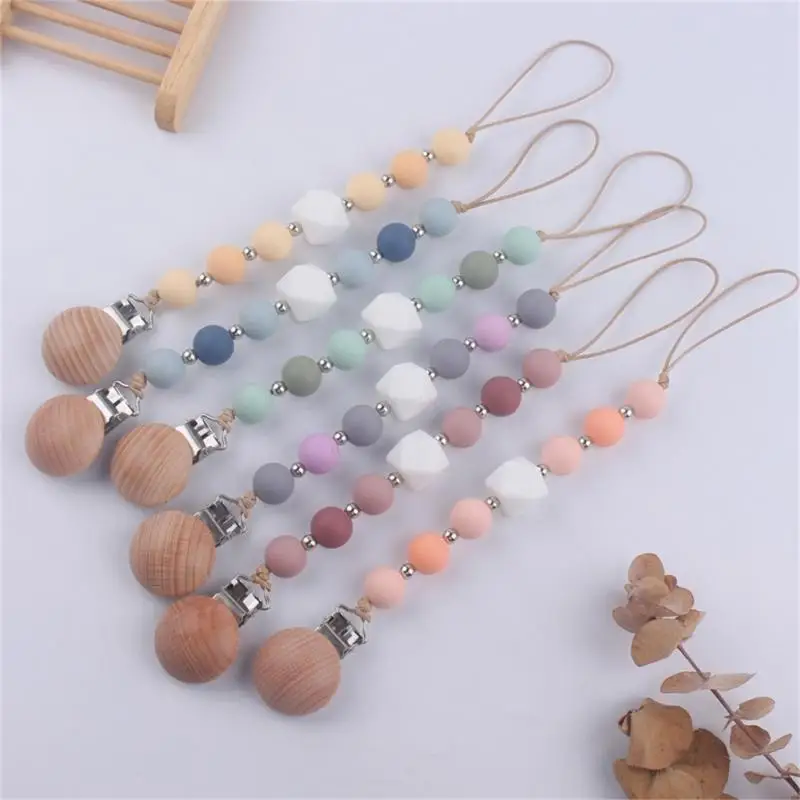 

E06F Baby Pacifier Chain Beech Teether Toy Handmade Teething Chain Baby Pacifier Clip Nipple Holder Chewable Toy