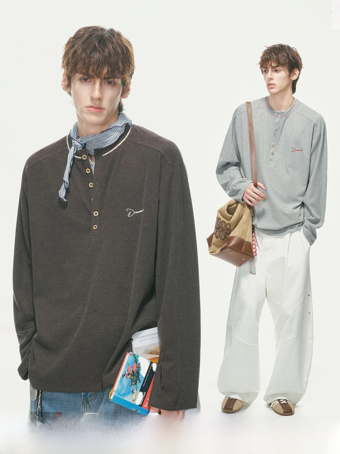 Dream Made Men's Long Sleeve Embroidered T-Shirt Henry Collar Commute Style Autumn Base Layer Inner Wear Top Casual Loose Fit