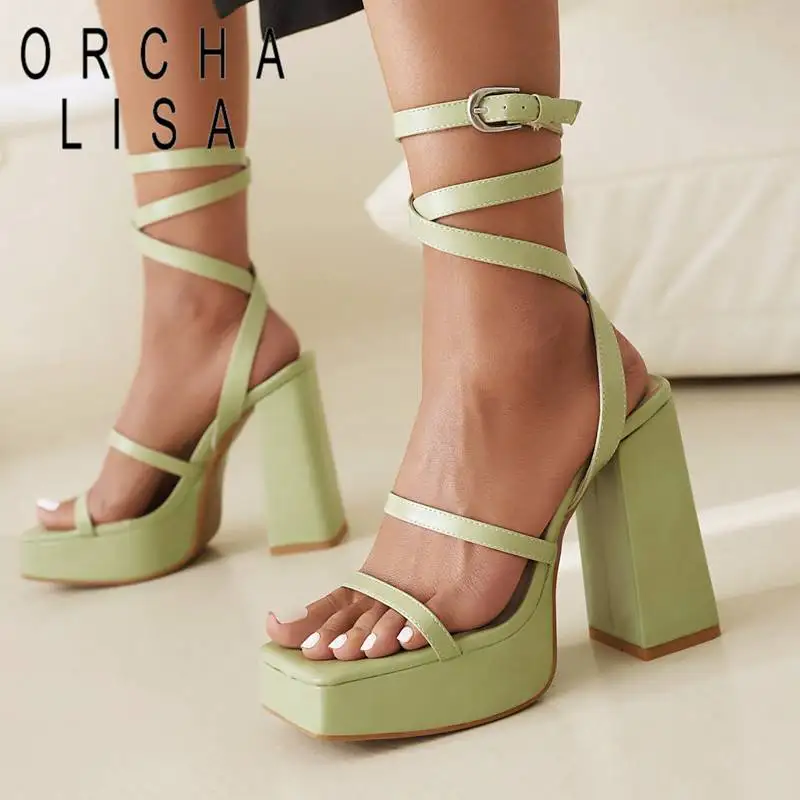 

ORCHA LISA Womens Sandals Square Toe Chunky Heel 13cm Platform 3.5cm Crossover Buckle Strap Sexy Party Shoes Big Size 43 44