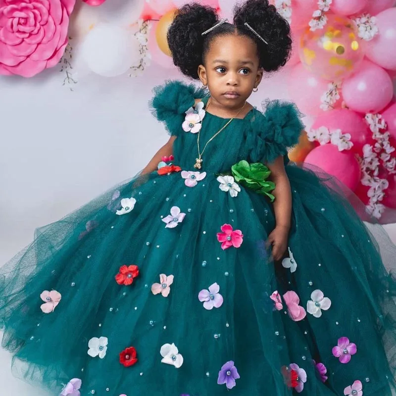 

Cute Teal Florals Appliques Tulle Ball Gowns For Black Girls Puffy A-line Peals Dresses Kids Ruffled Sleeve Long Party Dress
