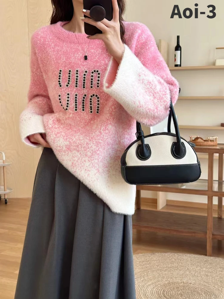 

Fashion Imitation Mink Velvet Knitted Pullover Women 23 Autumn Winter Korean Loose O-Neck Sweater Gradient Color Long Sleeve Top