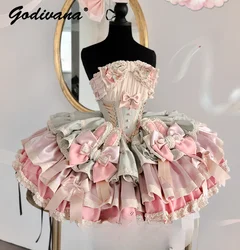 Original Design Women's Sweet Big Bow Strapless Color Matching Dress Girly Romantic Tube Top Short Dress for Party Birthday
