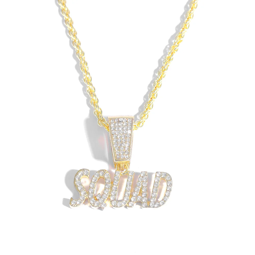 Iced Out SQUAD Letter Shape Pendant Necklace With Smooth Rope Chain Fashion Hip Hop Style Exquisite Jewelry For Men Women