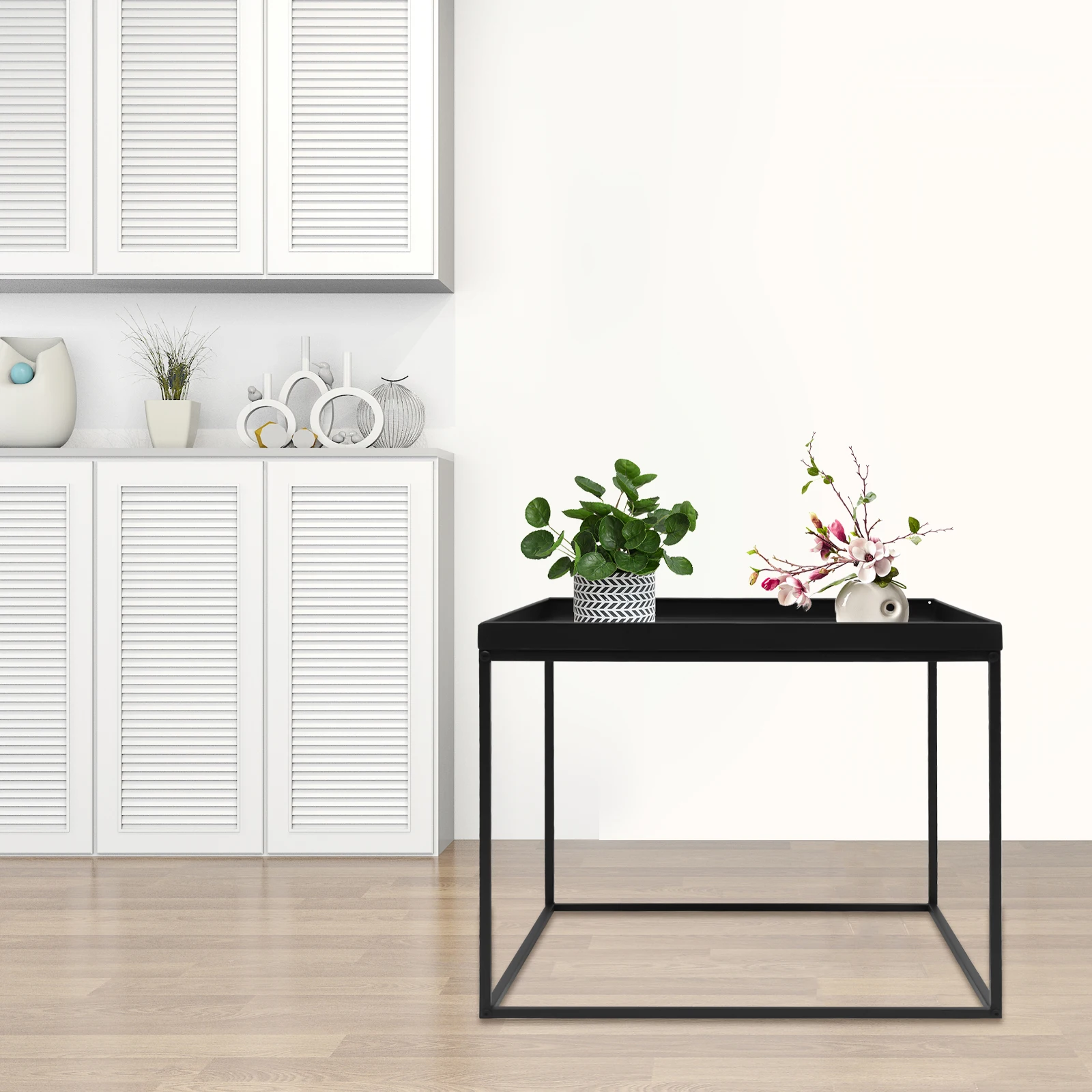 โต๊ะท้าย, โต๊ะข้างโลหะกันน้ําโซฟาขนาดเล็กโต๊ะข้างกาแฟห้องนอนในร่มกลางแจ้งพร้อมถาดถอดได้ (สีดํา)