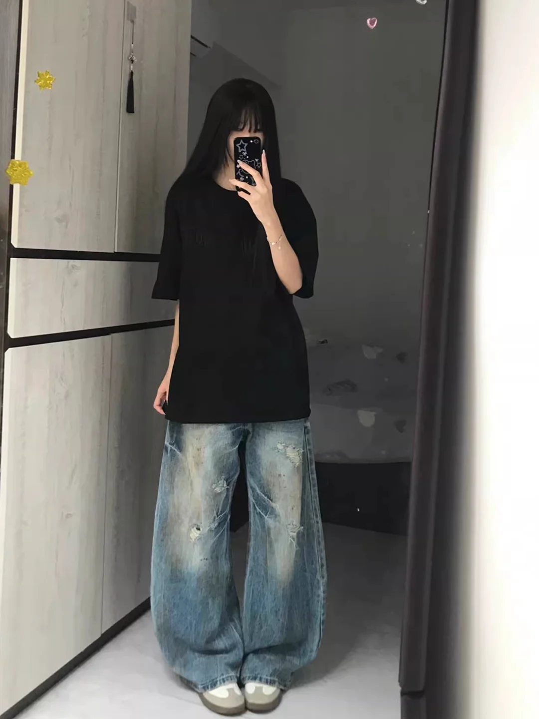 Ladies' Suede Short Sleeve T-Shirt Embroidered Oversize Summer Casual Wear Korean Style High Waist Design round Neck Top