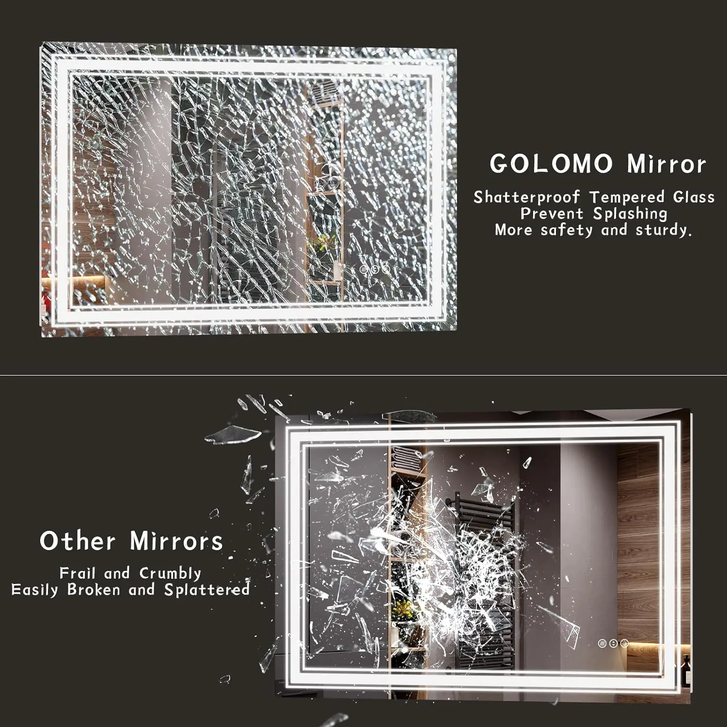 SH.KL Miroir LED pour mur de salle de bain, miroir de courtoisie à intensité variable avec lumières, rétroéclairé et éclairé sur le devant, intensité variable, antibuée, incassable