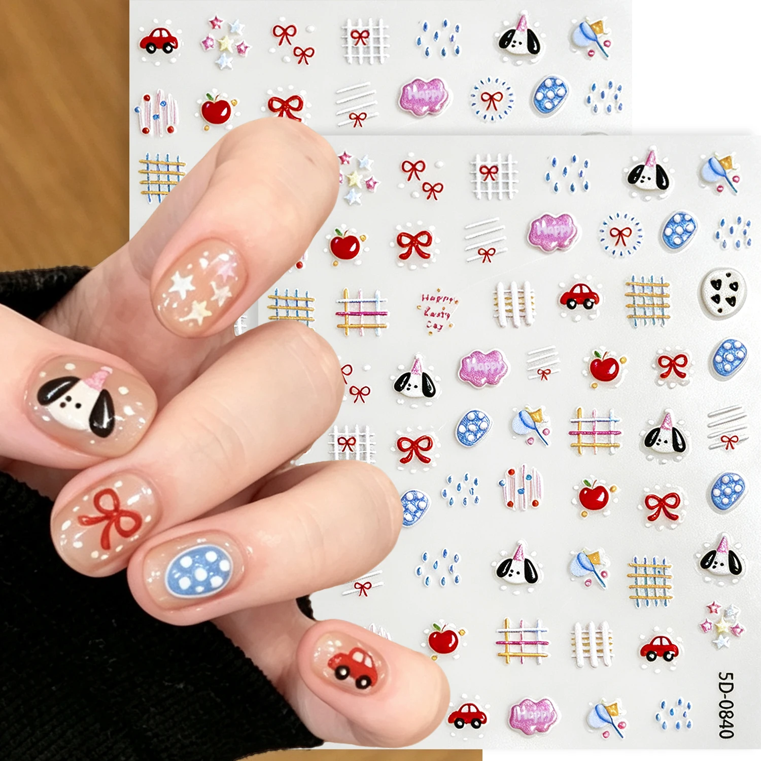 1pcs Birthday Puppy Polka Dots Nail Art Stickers Macarons Bow Raindrop Star Nail Decals Cartoon Apple Lattice Nail Decorations