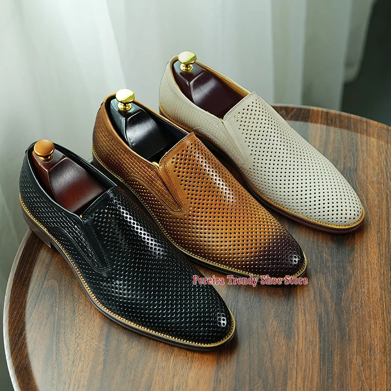 Sommerliche, atmungsaktive, hohle Herren-Loafer im britischen Stil, weiß-braune Business-Freizeitschuhe aus Rindsleder, trendige, vielseitige Sandalen in Übergröße