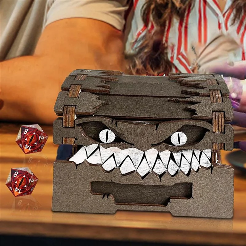 B03C-Dungeons Dragons Treasure Chest Monster الشكل - تخزين النرد والحرف الخشبية القابلة للجمع صندوق تخزين صناديق العملات المعدنية
