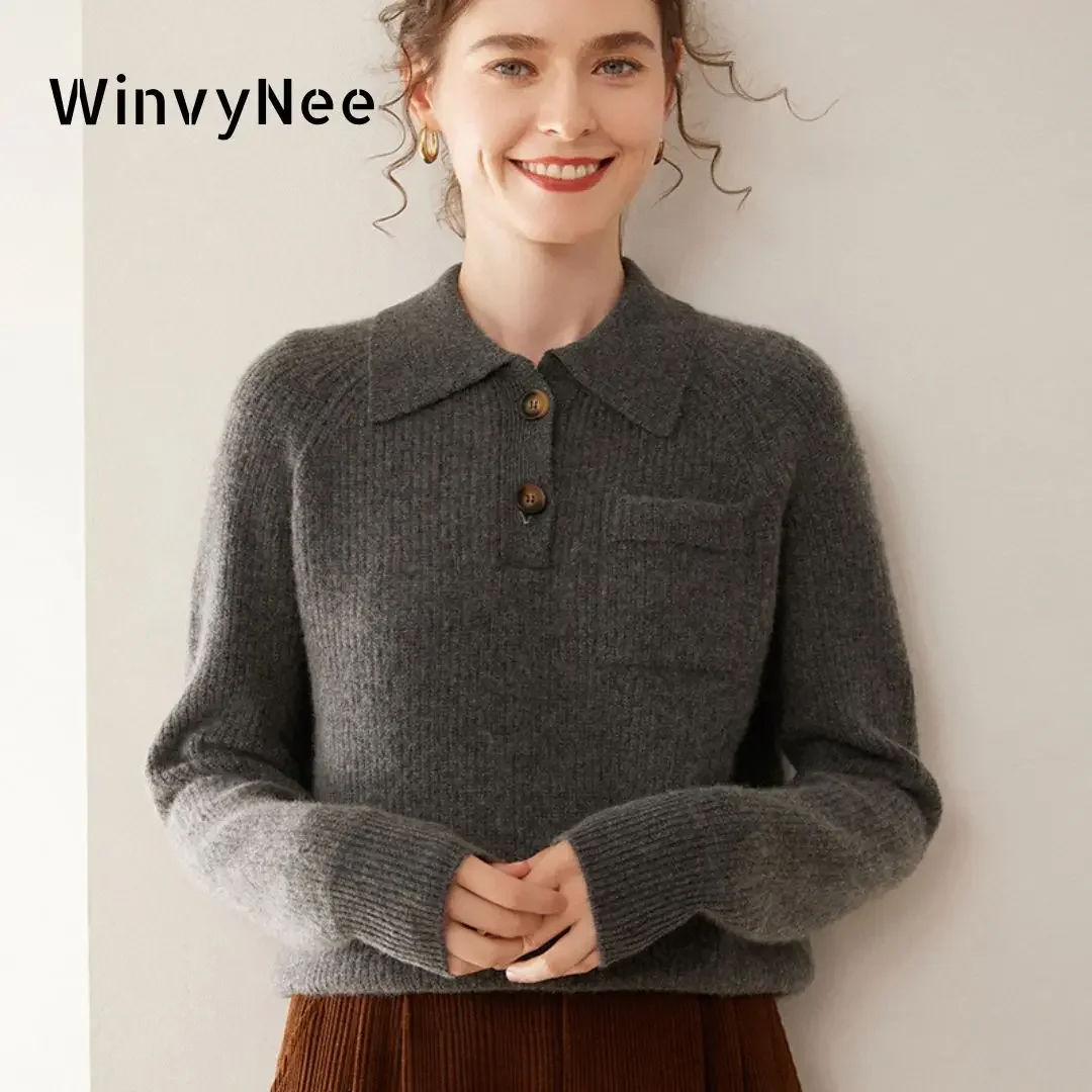 WinvyNee Women's Cashmere Wool Sweater with Pocket Long Sleeve Polo Collar Solid Knitwear Pullover Female Blouse Winter A1054038