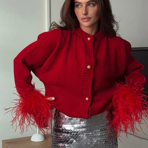 Değer kadın örme Hırka-kırmızı göğüslü tek gevşek o-boyun kazak uzun kollu parti casual kulübü Ceketler şık moda, Tüy yakasına 8 çekirdekli satışlar-no. 1