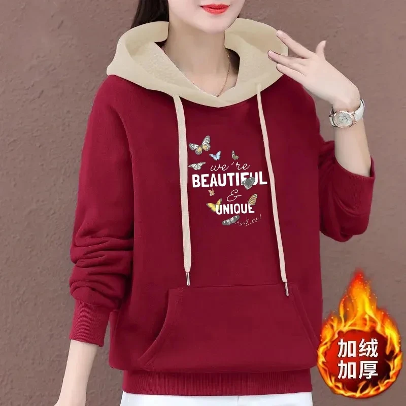 Autumn Winter Hooded Sweatshirt Women\'s Thickened Color Blocking Printing Hoodies Tops NEW Large Size Loose Sweatshirt 4XL