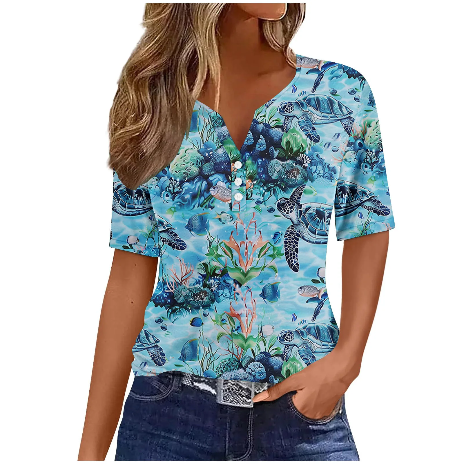 Ocean creature print fashionable and stylish summer new comfortable design top 2024 casual slimming WG19