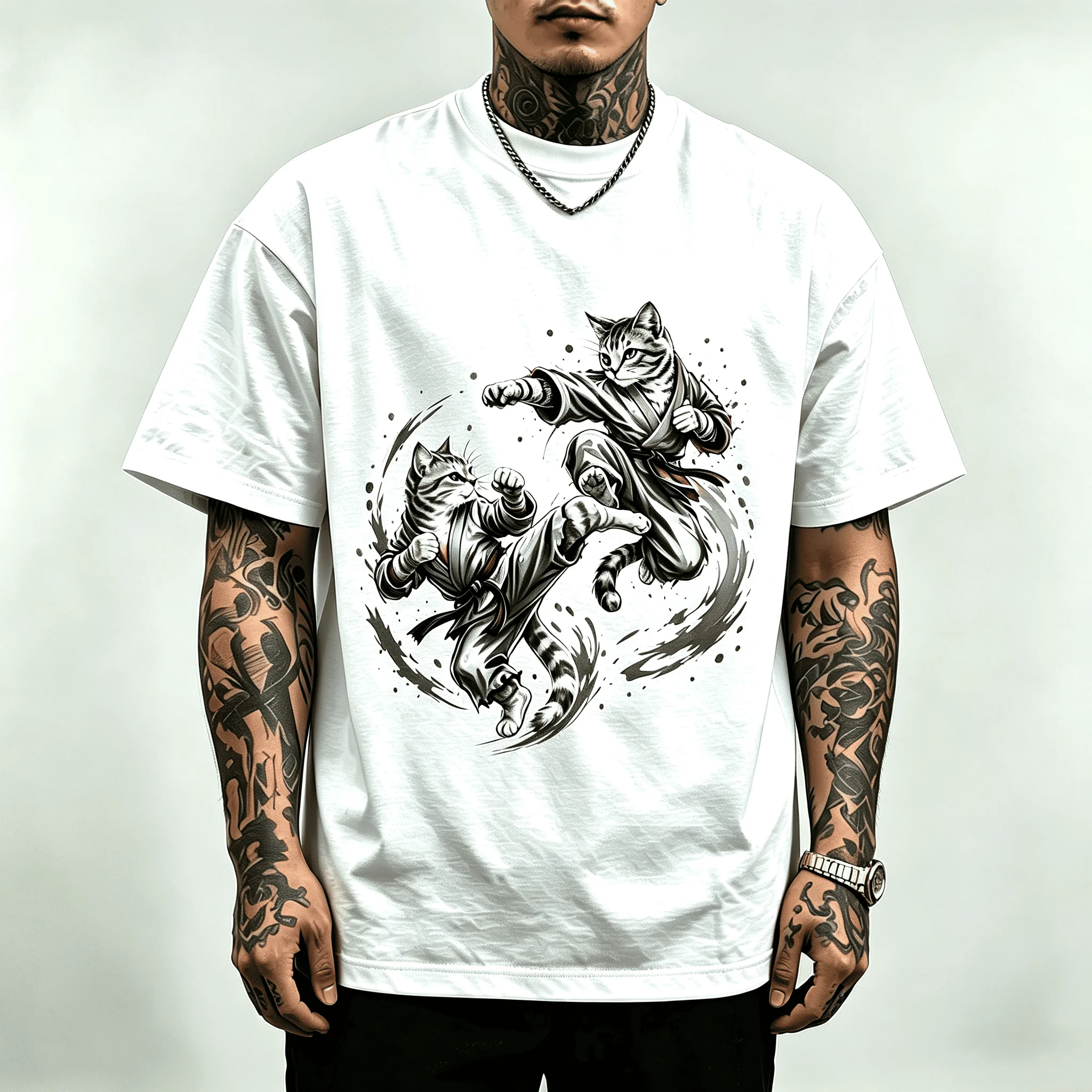 Black White Ink Karate Fighting Cats Graphic T-Shirt Men Women Unisex Vintage Kung Fu Warrior Cat Duel Casual Streetwear Cotton Short Sleeve Tee
