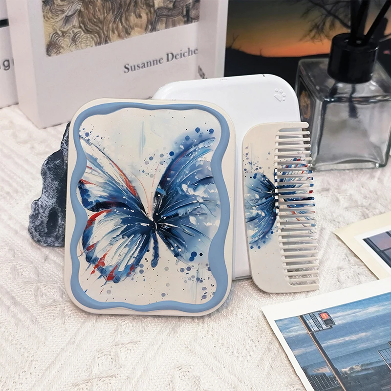 

Blue Butterfly Pattern Portable Clamshell Folding Makeup Mirror With Comb For Women Girls Gift Makeup Tools
