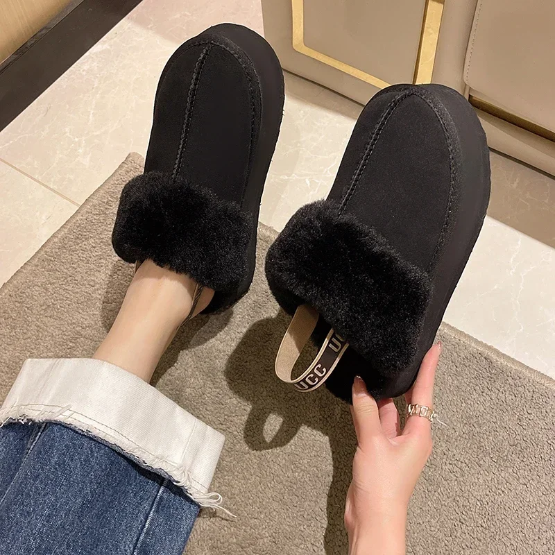 Zapatillas de piel de ante de Color liso para mujer, zapatos cálidos sin cordones con plataforma para el hogar, invierno, 2023