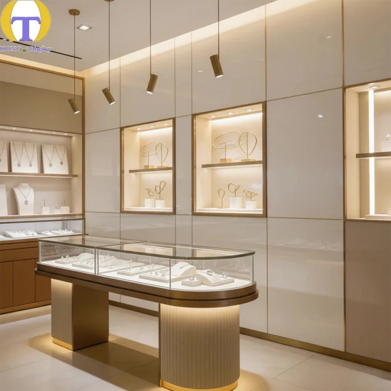 custom.Bespoke Stainless Steel Jewelry Display Cabinet Security Lock LED Lighting High-end Jewelry Store Showroom Mall Eco-Frien