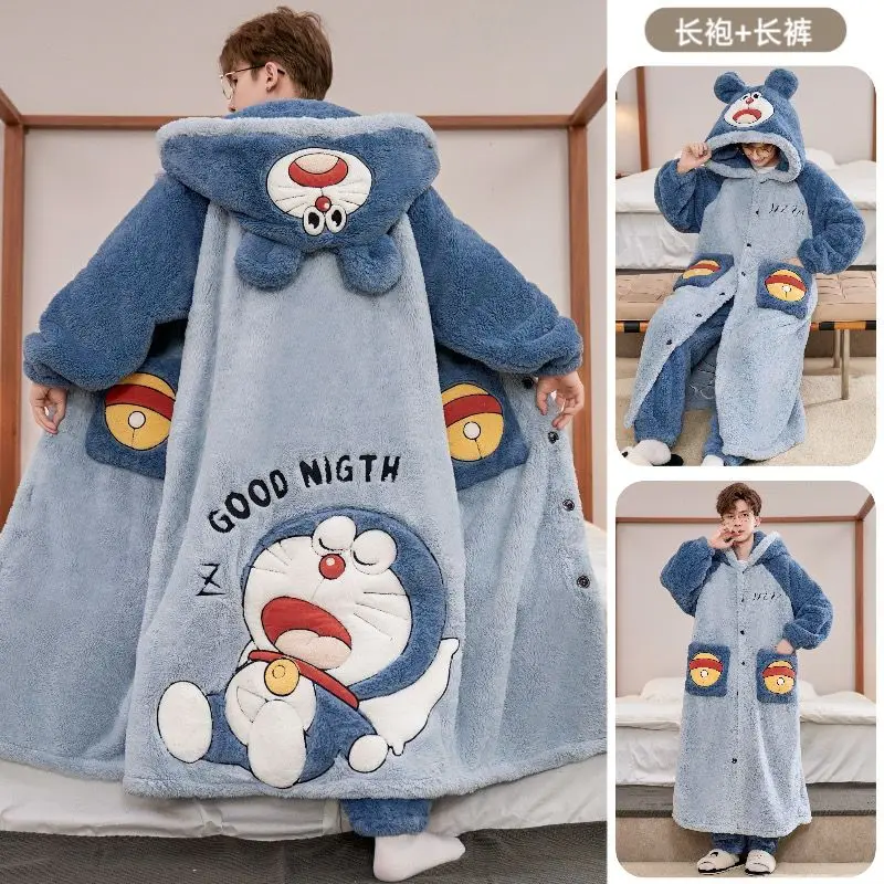 One Piece Luffy Coral Fleece Pajama Set Anime Hooded Long Robe With Pants Thick Warm Fluffy Sleepwear For Winter Home Loungewear